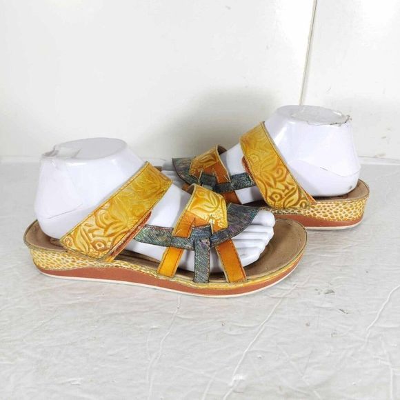 Spring Step Women's Ciro 39 US8-8,5 Leather Yellow Floral strappy Wedge sandals - Picture 6 of 13